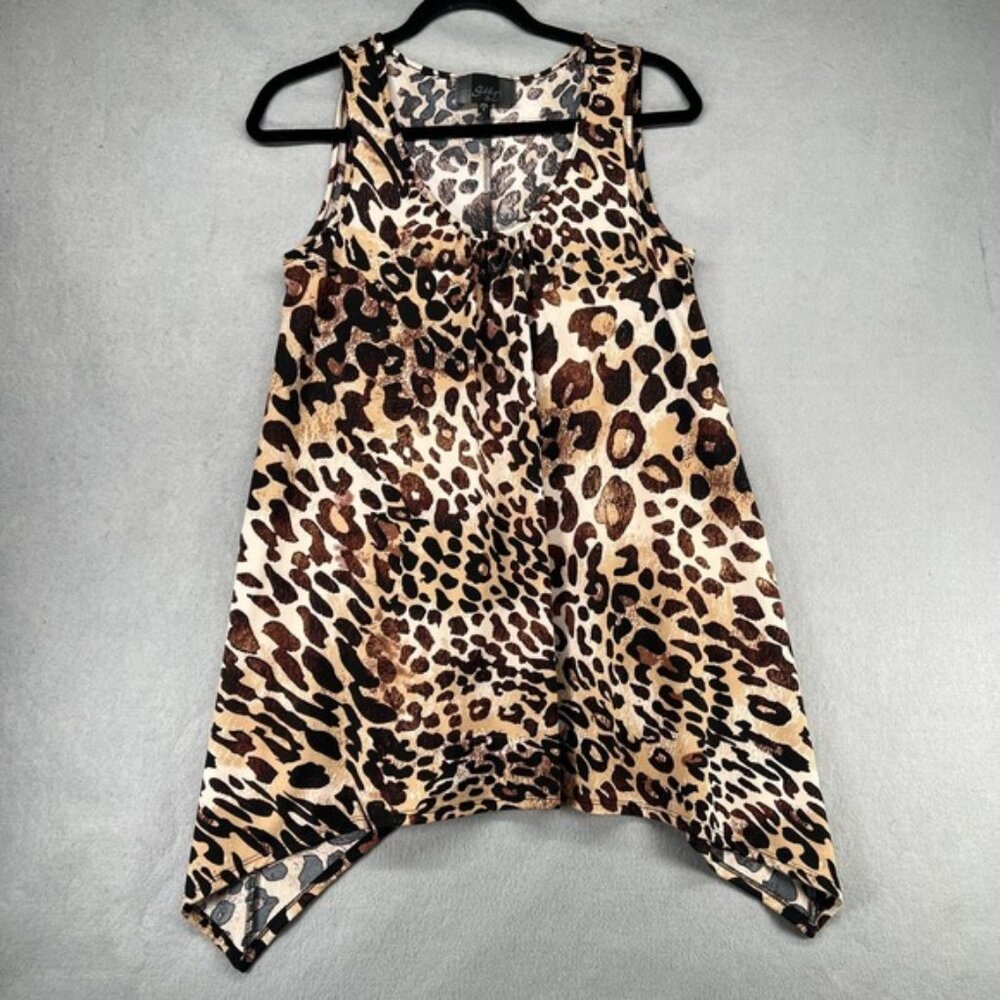 Slinky Brand Tank Top Womens Size S Tan Leopard Print Shark Bite Hem Flowy